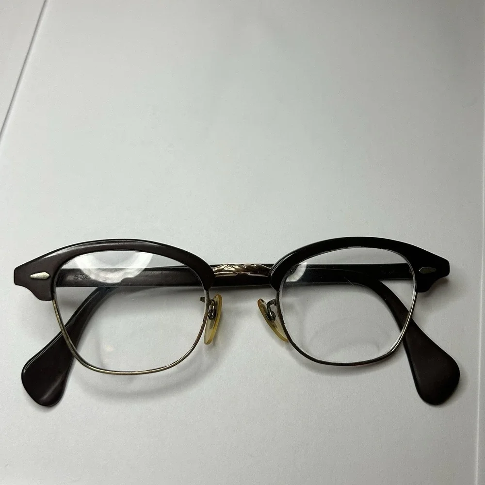 Vintage Mid Century Aluminum Horn Rim Browline Metal Retro Eyeglasses 12K GF